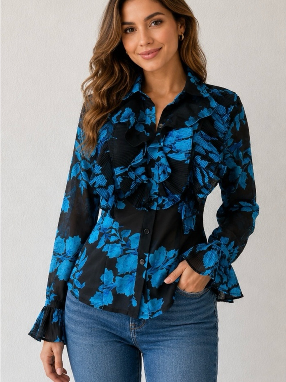 Fashion Nova Black Floral Button-Down Blouse with Blue Ruffle Detail